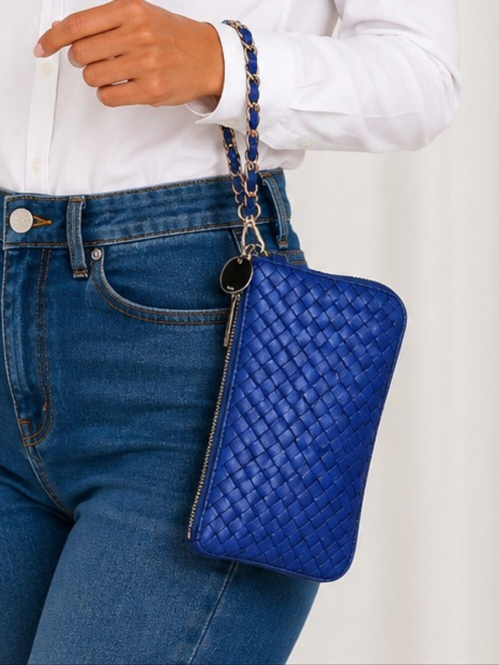 👜 Deux Lux Blue Woven Leather Chain Shoulder Bag Zip Top